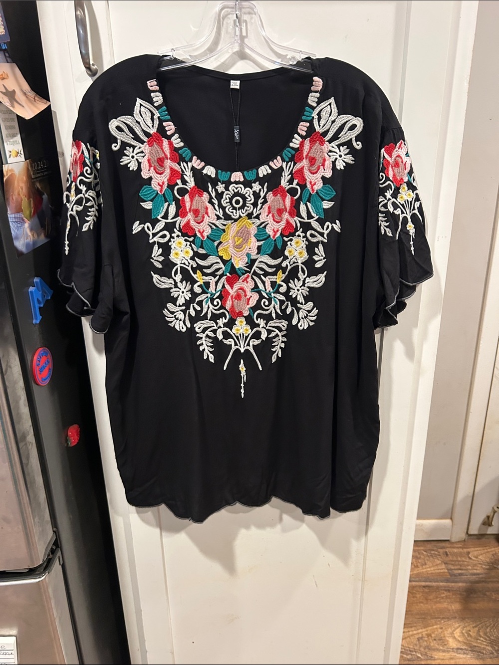 Black Embroidered Floral Tunic Top with Multicolor Accents